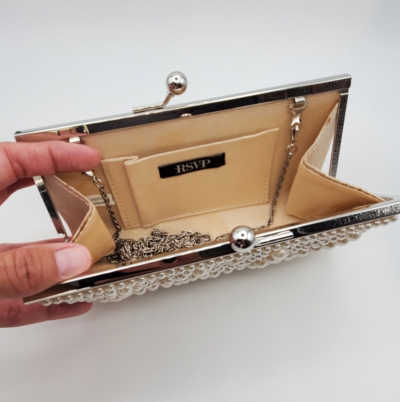 Elegant Beaded Faux Pearl Evening Clutch With Detactable Silver Chain Strap - Picture 7 of 8